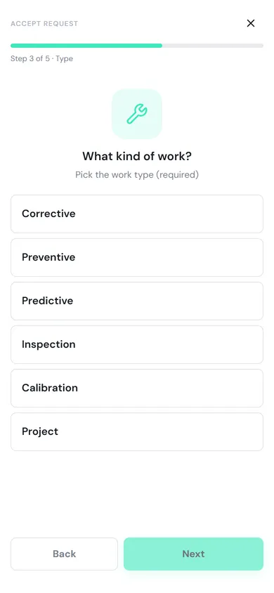 Step 3 of 5, Type, with Corrective, Preventive, Predictive, Inspection, Calibration and Project
