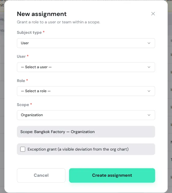 The New assignment dialog with Subject type, User, Role, Scope and the Exception grant checkbox