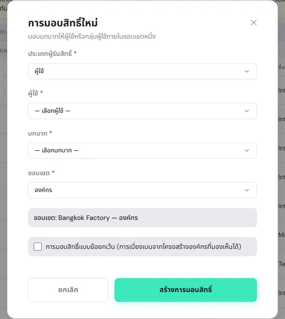 หน้าต่างการมอบสิทธิ์ใหม่ มีประเภทผู้รับสิทธิ์ ผู้ใช้ บทบาท ขอบเขต และช่องการมอบสิทธิ์แบบข้อยกเว้น