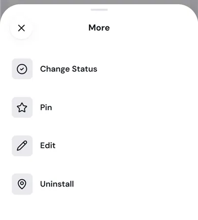 The More menu of Cooling pump P-101 on a phone, with Change Status, Pin, Edit and Uninstall