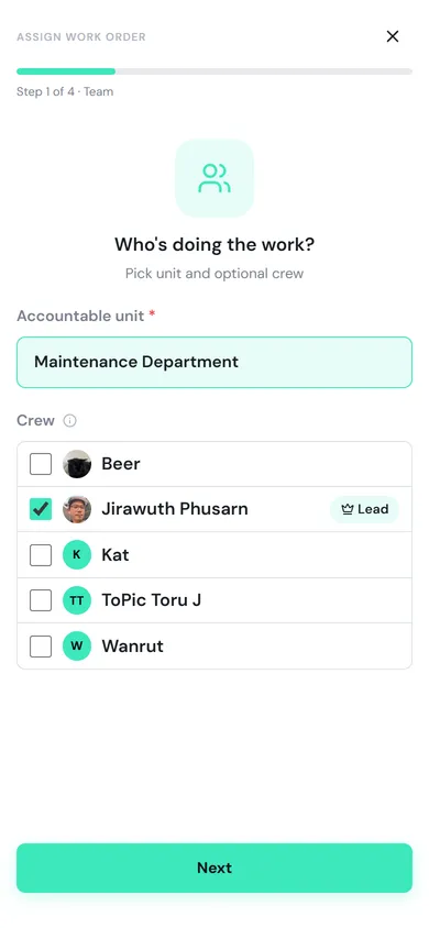Step 1 of 4, Team, with Accountable unit Maintenance Department and a crew list to tick