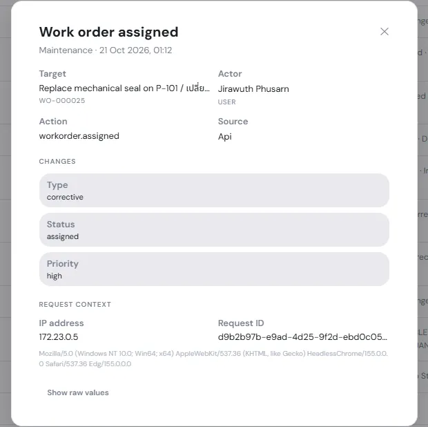 รายละเอียดเหตุการณ์ Work order assigned ของใบสั่งงาน WO-000025 ผู้ทำ Jirawuth Phusarn ส่วน Changes แสดง Type Status และ Priority