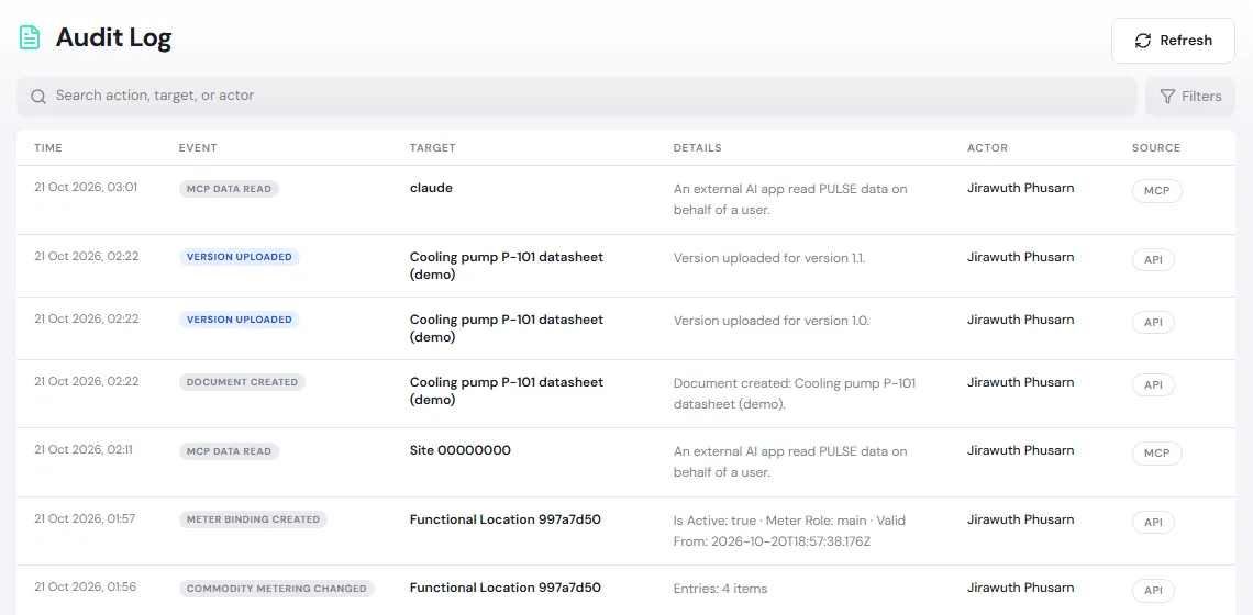 หน้า Audit Log ตารางมีคอลัมน์ Time Event Target Details Actor และ Source แสดงเหตุการณ์ เช่น Version uploaded และ Document created ของเอกสาร Cooling pump P-101 datasheet