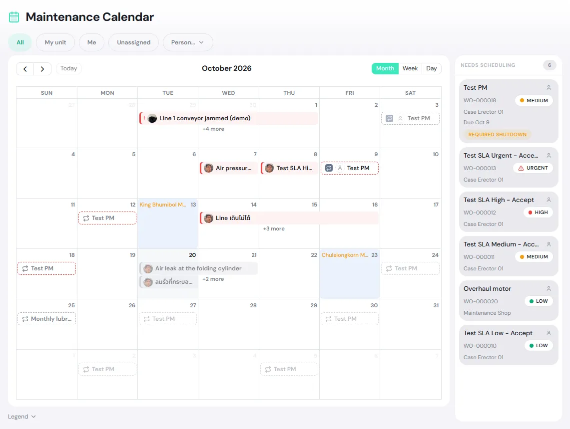 The monthly Maintenance Calendar with work on each day, holidays and shutdowns, and the Needs scheduling rail at the side