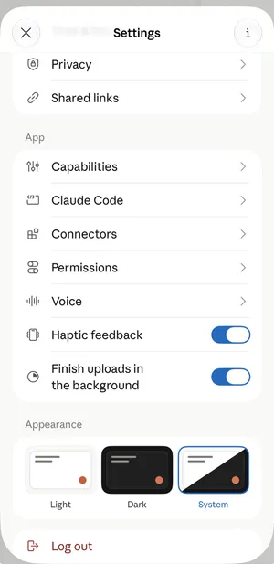 หน้า Settings ของแอป Claude หมวด App มีเมนู Capabilities, Claude Code, Connectors, Permissions และ Voice