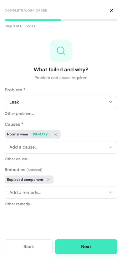 Step 3 of 6, Codes, with problem Leak, cause Normal wear marked primary, and remedy Replaced component