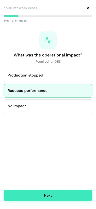Step 1 of 6, Impact, with Reduced performance selected