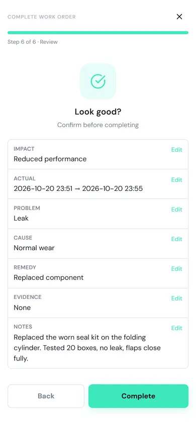 The Review step before completing, showing impact, actual time, problem, cause, remedy, evidence and notes