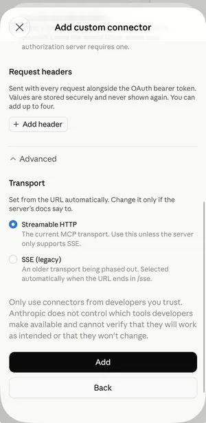 ส่วน Advanced ของ Add custom connector ตัวเลือก Transport เลือก Streamable HTTP ไว้ และปุ่ม Add