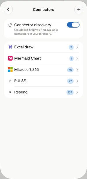 หน้า Connectors มีสวิตช์ Connector discovery รายการตัวเชื่อมต่อที่มี PULSE อยู่ด้วย และปุ่ม + มุมขวาบน