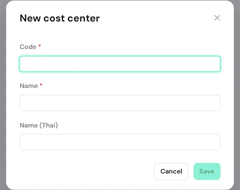 The New cost center dialog with Code, Name and Name (Thai)