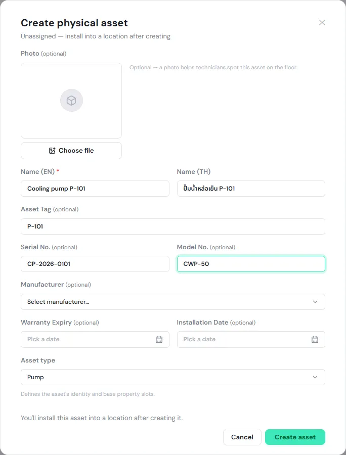 The Create physical asset dialog with the name Cooling pump P-101, the Thai name, asset tag P-101, serial number, model number and asset type Pump