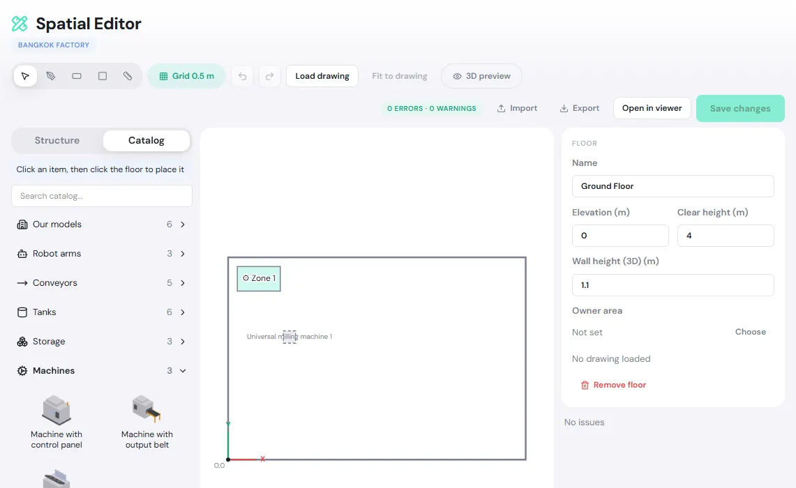 The Catalog tab with the Machines group open, showing Machine with control panel and Machine with output belt, the other groups and the search box