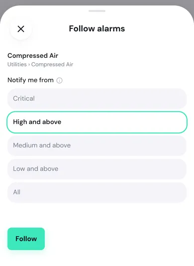 The Follow alarms sheet for Compressed Air, with Notify me from set to High and above, and the Follow button