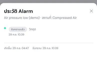 หน้าต่างประวัติ Alarm ของ Air pressure low (demo) แสดงเหตุการณ์รับทราบแล้ว ระดับวิกฤต และเวลาที่เกิดกับเวลาที่รับทราบ