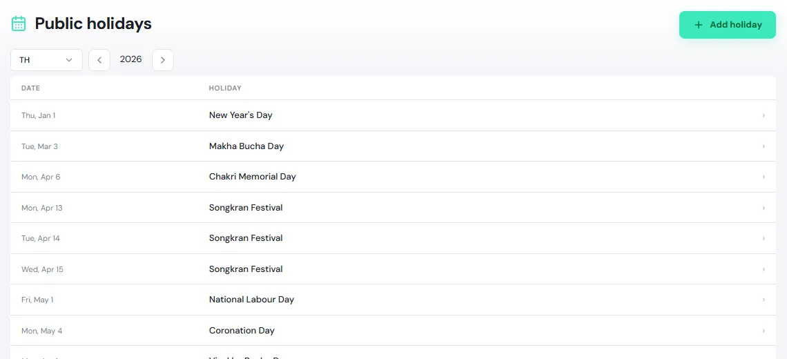 The Public holidays page for country TH, 2026, listing dates and holiday names such as New Year’s Day, Makha Bucha Day and Songkran Festival