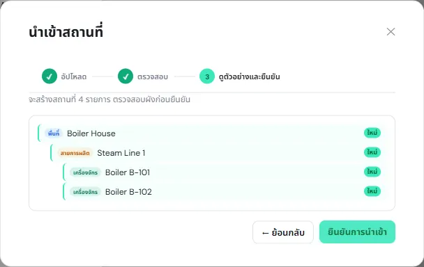 ขั้นดูตัวอย่างและยืนยัน จะสร้างสถานที่ 4 รายการ ผัง Boiler House มี Steam Line 1 และใต้นั้นมี Boiler B-101 และ Boiler B-102 พร้อมป้ายใหม่ และปุ่มยืนยันการนำเข้า