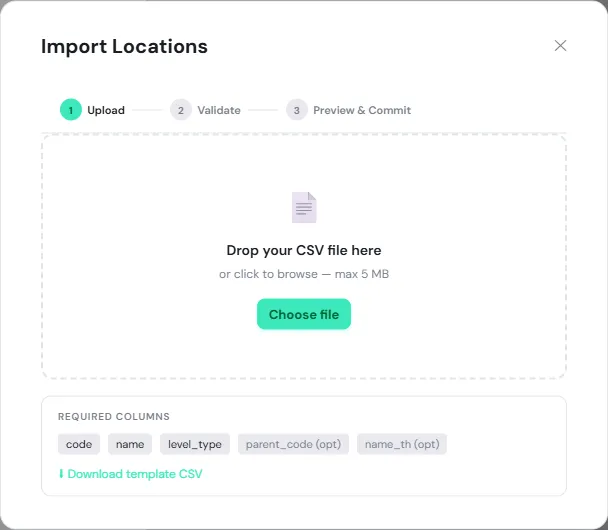 The Upload step of Import Locations, with the drop zone, the Choose file button, the required columns code, name, level_type, parent_code and name_th, and the Download template CSV link