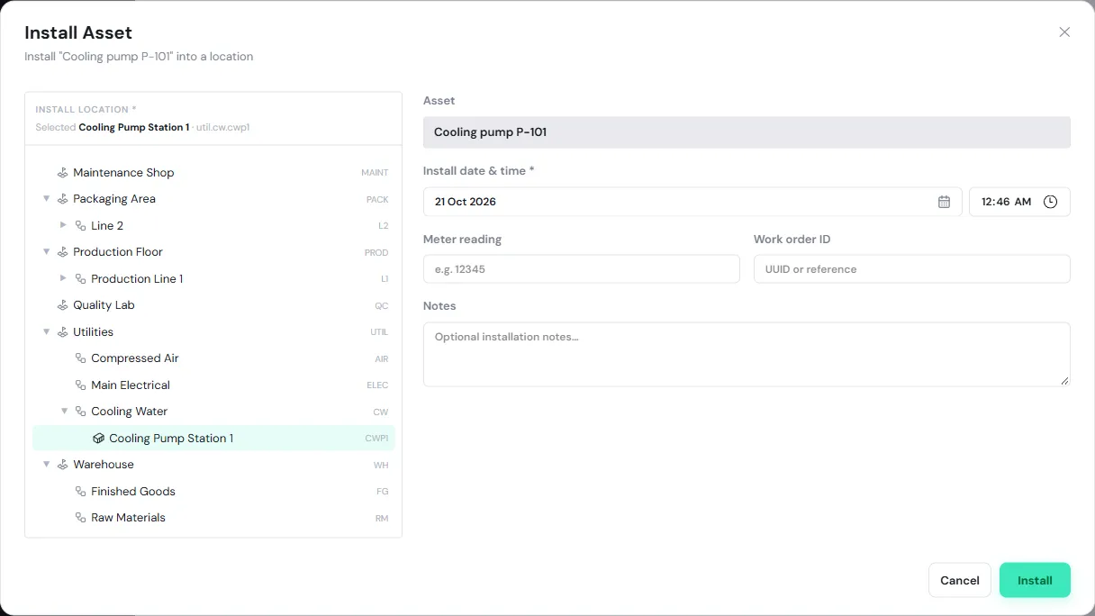 The Install Asset dialog with Cooling Pump Station 1 under Cooling Water selected as the install location, the asset Cooling pump P-101, install date and time, meter reading, work order ID and notes