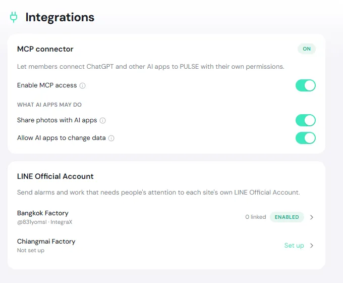 The Integrations page with the MCP connector card and the LINE Official Account card: Bangkok Factory enabled and Chiangmai Factory not set up