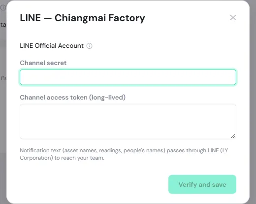 The LINE dialog for Chiangmai Factory with the Channel secret and Channel access token fields and the Verify and save button