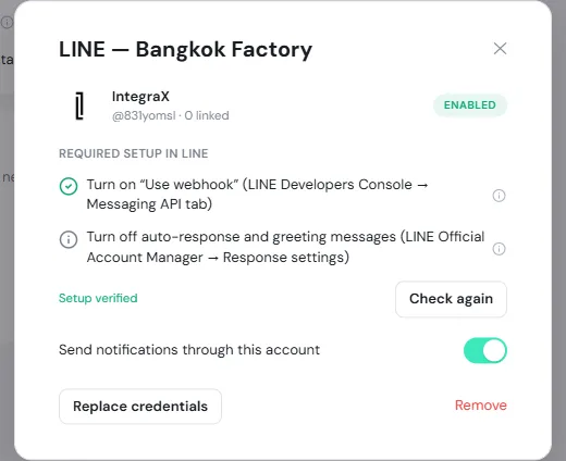 The LINE dialog for Bangkok Factory showing the IntegraX account as Enabled, the required setup verified, and the Send notifications through this account switch