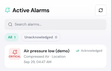 The Active Alarms list on a phone, with the All and Unacknowledged filters and the Critical alarm Air pressure low (demo) at Compressed Air, marked Acknowledged