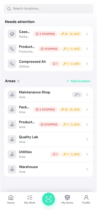 The Location page on a phone with the search box, the Needs attention section showing stopped machines, alarms and late work, and the list of six areas with the Add location button
