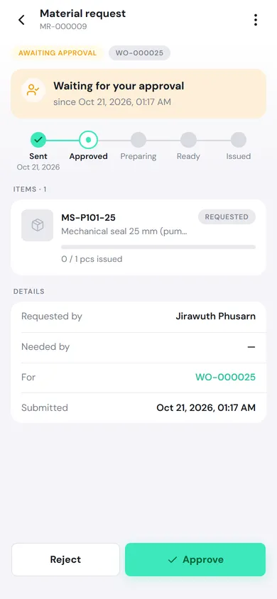 Request MR-000009, Awaiting approval, linked to WO-000025, with the Waiting for your approval card, the progress bar, and MS-P101-25 at 0 / 1 pcs issued