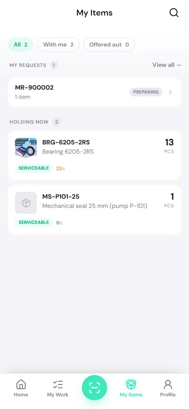 My Items with one request under My requests and two items under Holding now: BRG-6205-2RS 13 pcs and MS-P101-25 1 pc, both Serviceable