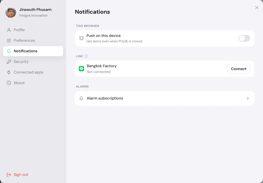 Settings, Notifications, with the LINE row for Bangkok Factory showing Not connected and a Connect button