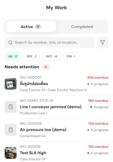 My Work on a phone: the Active and Completed tabs, the All, WR, WO and PM chips, and the Needs attention group with days overdue