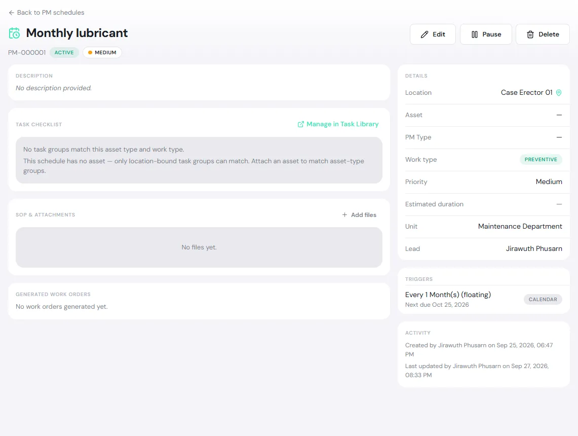 PM schedule PM-000001 Monthly lubricant, showing the task checklist, SOP and attachments, generated work orders, details, and the trigger with its next due date