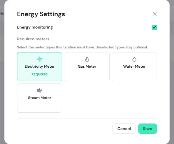 The Energy Settings window, with Energy monitoring ticked and Electricity Meter selected as a required meter