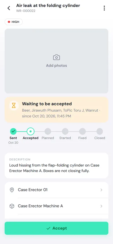 Request WR-000022, High priority, with the Waiting to be accepted card listing who can accept it, and the progress bar