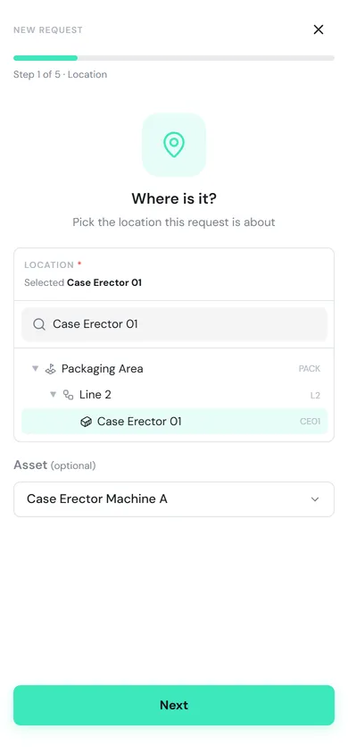 Step 1 of 5, Location, with Case Erector 01 selected and the asset Case Erector Machine A picked