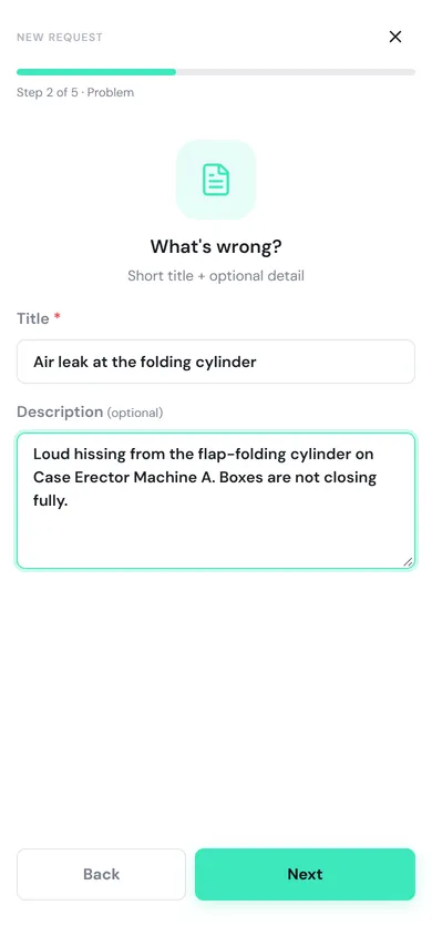 Step 2 of 5, Problem, with the title and description filled in