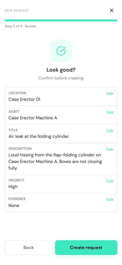 The Review step showing location, asset, title, description, priority High, evidence and the Create request button