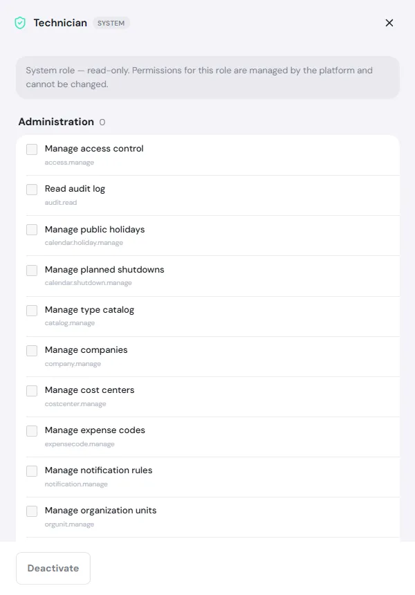 The Technician system role, marked read-only, with the Administration permissions all unticked