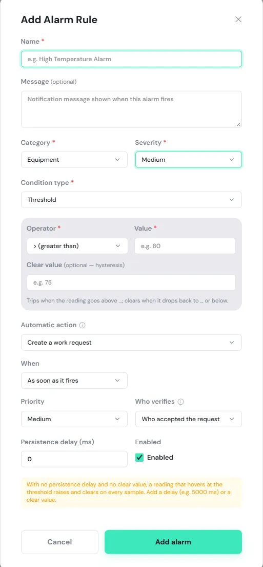 The Add Alarm Rule form with Name, Message, Category, Severity, Condition type Threshold, Operator, Value, Clear value, Automatic action set to Create a work request, When, Priority, Who verifies, Persistence delay and Enabled