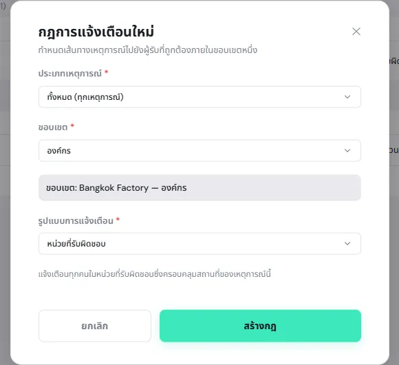 หน้าต่างกฎการแจ้งเตือนใหม่ มีประเภทเหตุการณ์ ขอบเขต และรูปแบบการแจ้งเตือนหน่วยที่รับผิดชอบ