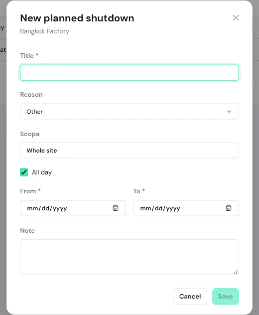 The New planned shutdown dialog for Bangkok Factory with Title, Reason, Scope Whole site, All day, From, To and Note
