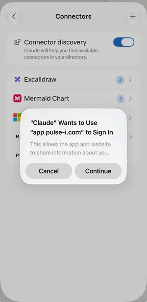 หน้าต่างของ iPhone ถามว่า Claude ต้องการใช้ app.pulse-i.com เพื่อลงชื่อเข้าใช้ มีปุ่ม Cancel และ Continue