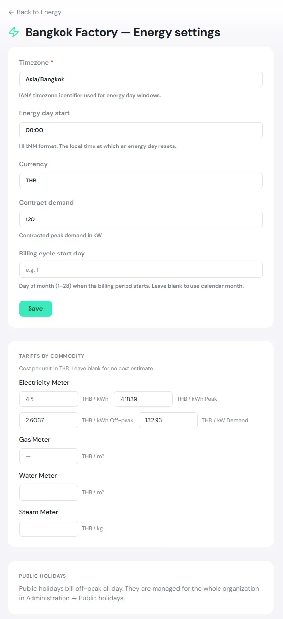 The energy settings page for Bangkok Factory, with Timezone, Energy day start, Currency, Contract demand, Billing cycle start day, Tariffs by commodity and Public holidays