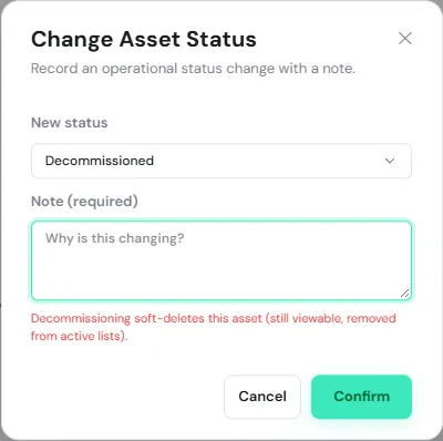 The Change Asset Status dialog with New status set to Decommissioned, the Note (required) field and the warning that the asset will be removed from active lists