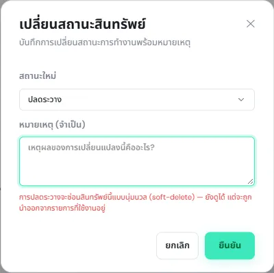 หน้าต่างเปลี่ยนสถานะสินทรัพย์ เลือกสถานะใหม่เป็นปลดระวาง มีช่องหมายเหตุ (จำเป็น) และคำเตือนว่าสินทรัพย์จะถูกนำออกจากรายการที่ใช้งานอยู่