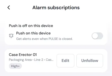 The Alarm subscriptions page, showing that push is off on this device and the place Case Erector 01 followed at High+