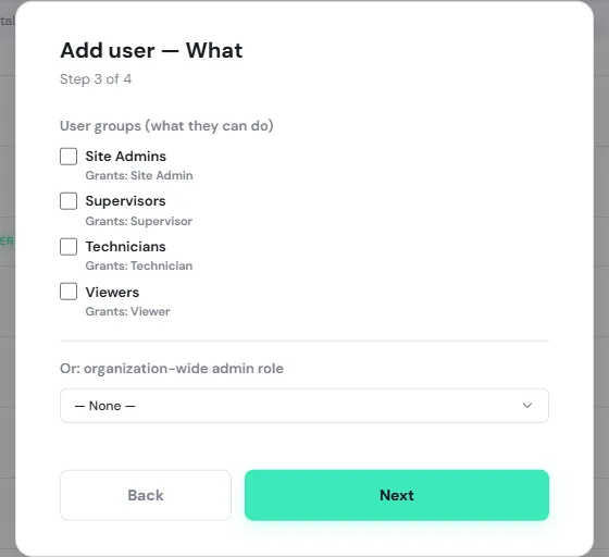The What step listing Site Admins, Supervisors, Technicians and Viewers with the role each grants, and the organization-wide admin role field
