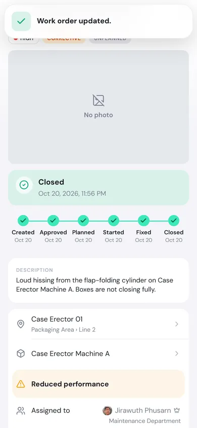 A closed work order with every step of the progress bar done up to Closed