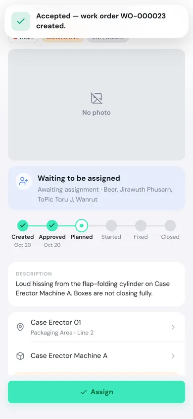 Work order WO-000023 just after it was created, with the Waiting to be assigned card and the Assign button at the bottom